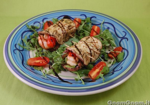 Involtini di melanzane e gamberoni